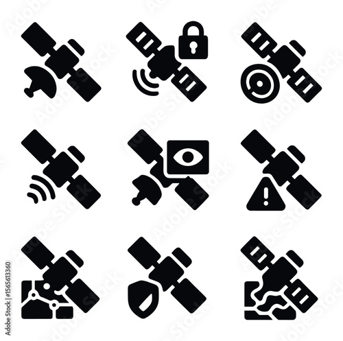 Military Satellite Icons. Solid, filled icons set of military and security satellites: defense satellite,