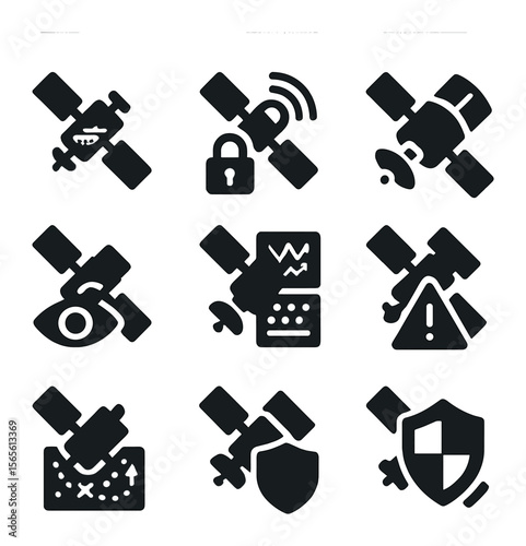 Military Satellite Icons. Solid, filled icons set of military and security satellites: defense satellite,