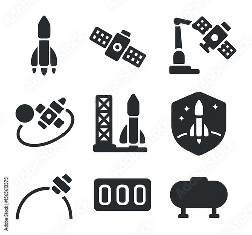 Satellite Launch Icons. Solid, filled icons set of satellite launch and deployment: rocket launch, satellite