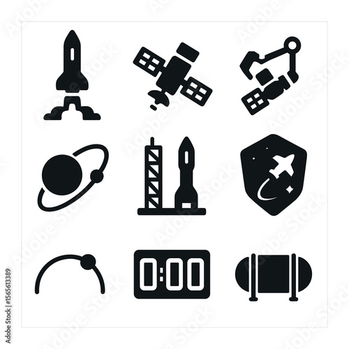 Satellite Launch Icons. Solid, filled icons set of satellite launch and deployment: rocket launch, satellite