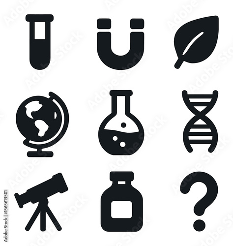 Science Icons Grid. Solid, filled icons set of early science learning: test tube, magnet, leaf icon, globe,