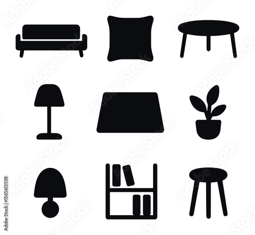 Modern Seating Icons. Solid, filled icons set of minimal modern seating: slim sofa, single pillow, glass table