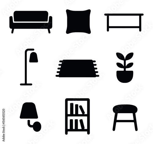 Modern Seating Icons. Solid, filled icons set of minimal modern seating: slim sofa, single pillow, glass table