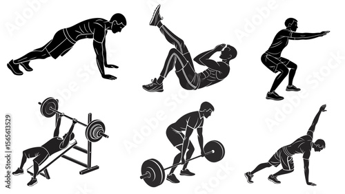 Gym Workout Vector Set – Deadlift, Squats, Bench Press, Fitness Exercise Illustrations