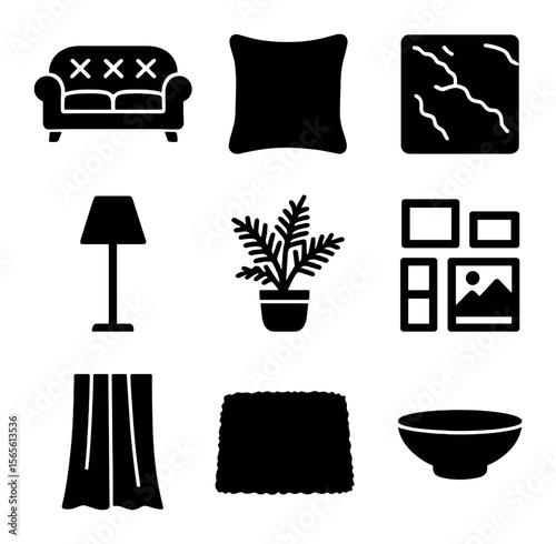 Elegant Sofa Icons. Solid, filled icons set of elegant sofa styling: tufted sofa, velvet pillow, marble table,