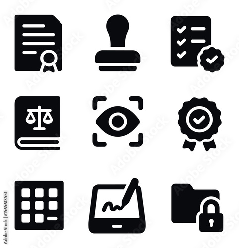 Compliance Icon Grid. Solid, filled icons set of compliance and disclosure: regulatory document, approved