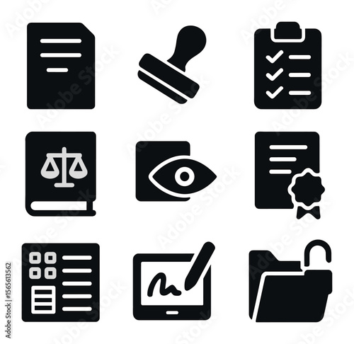 Compliance Icon Grid. Solid, filled icons set of compliance and disclosure: regulatory document, approved