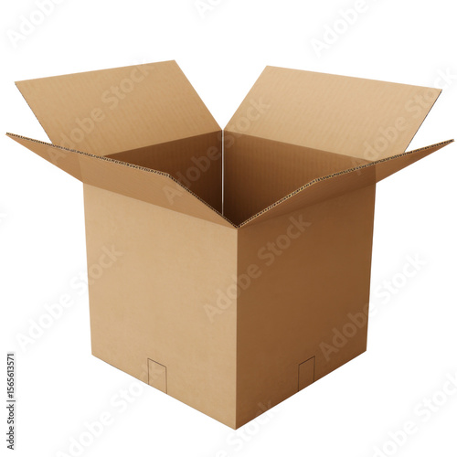 Open cardboard box isolated on transparent background, empty brown packaging cutout
