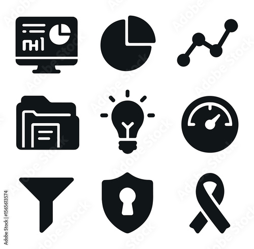 Business Analytics Icons. Solid, filled icons set of business analytics visibility: dashboard screen, pie