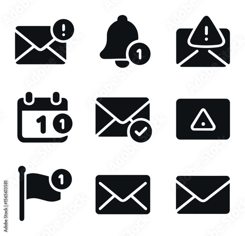 Mailbox Notification Icons. Solid, filled icons set of mailbox notifications: mail alert icon, new mail badge,