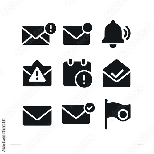 Mailbox Notification Icons. Solid, filled icons set of mailbox notifications: mail alert icon, new mail badge,