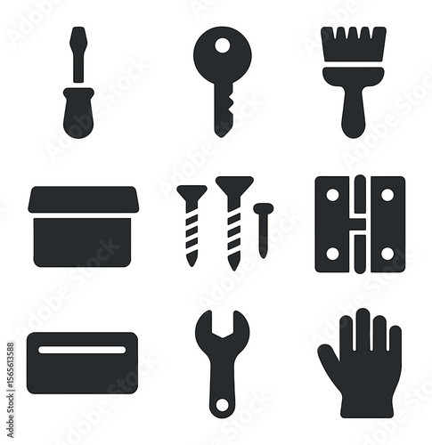 Mailbox Maintenance Icons. Solid, filled icons set of mailbox maintenance tools: screwdriver, mailbox key,