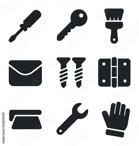Mailbox Maintenance Icons. Solid, filled icons set of mailbox maintenance tools: screwdriver, mailbox key,