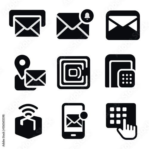 Modern Mailbox Icons. Solid, filled icons set of modern mailbox concepts: digital mail slot, smart