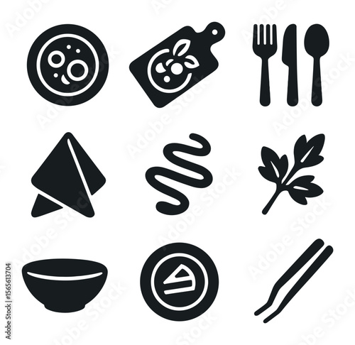 Styled Food Icons. Solid, filled icons set of styled food compositions: overhead shot, rustic board, cutlery