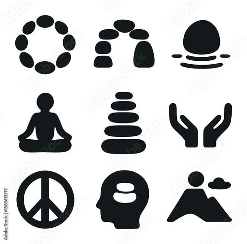 Zen Icon Set. Solid, filled icons set of meditative stone arrangements: circle of stones, balanced arch, calm
