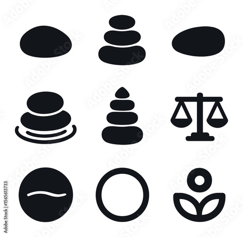 Minimalist Zen Icon Set. Solid, filled icons set of zen and minimal rock symbols: single stone, triple stack,
