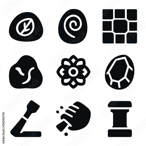 Stone Art Icons. Solid, filled icons set of stone art and sculpture: carved pebble, engraved stone, mosaic