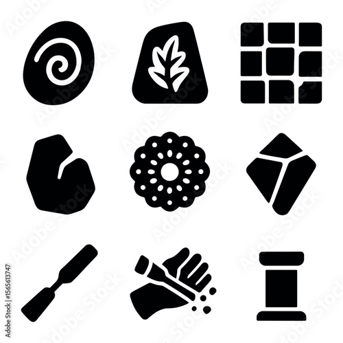 Stone Art Icons. Solid, filled icons set of stone art and sculpture: carved pebble, engraved stone, mosaic