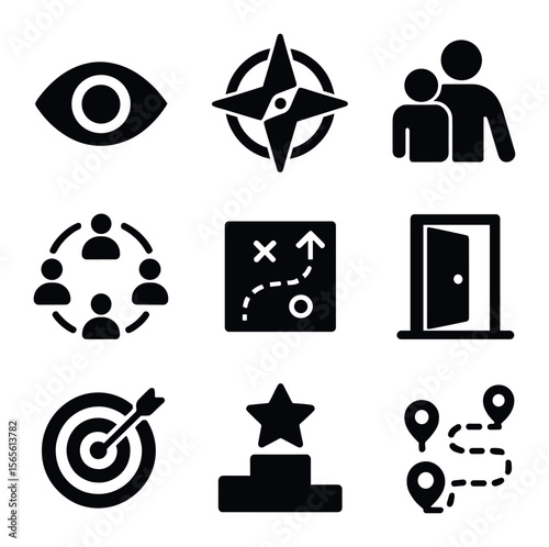 Transformational Leadership Icons. Solid, filled icons set of transformational leadership practices: vision