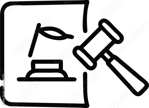 Auction gavel and gavel stand line art, law and justice theme isolated