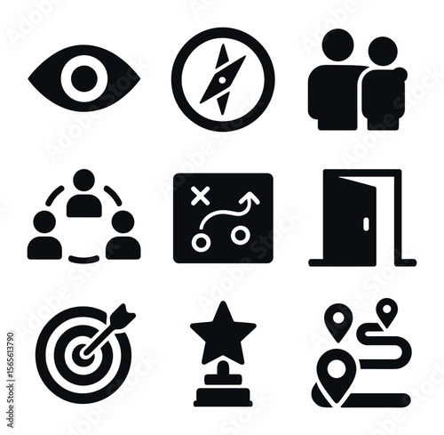Transformational Leadership Icons. Solid, filled icons set of transformational leadership practices: vision