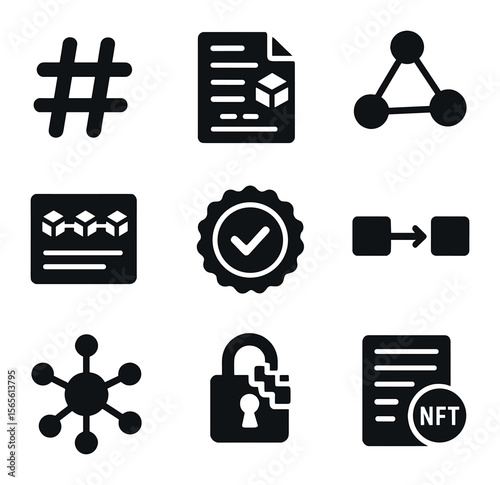 Blockchain Icon Set. Solid, filled icons set of blockchain verification: hash symbol, smart contract,