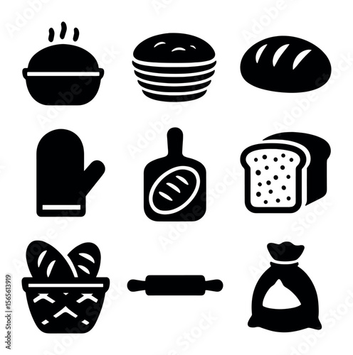 Homemade Bread Icons. Solid, filled icons set of homemade bread icons: rising dough, proofing basket, baked