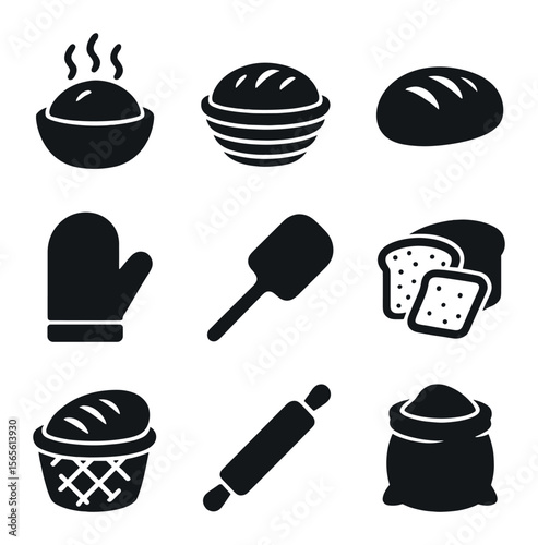 Homemade Bread Icons. Solid, filled icons set of homemade bread icons: rising dough, proofing basket, baked
