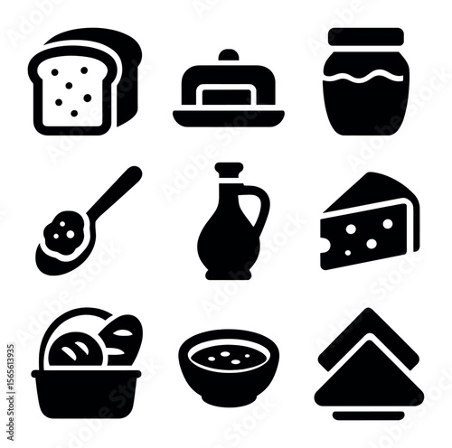 Bread and Spreads Icons. Solid, filled icons set of bread and spreads: sliced bread, butter dish, honey jar,