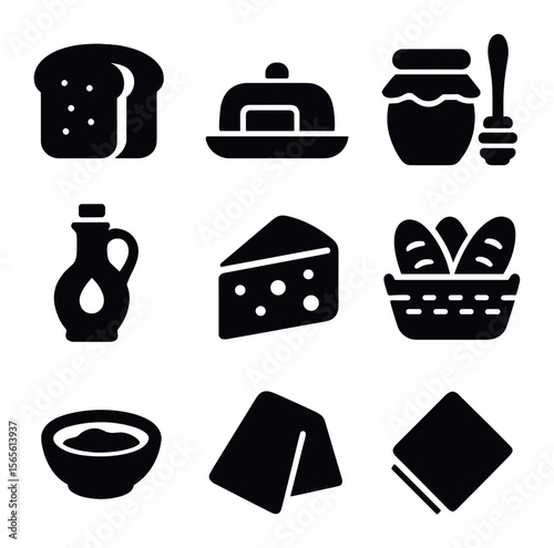 Bread and Spreads Icons. Solid, filled icons set of bread and spreads: sliced bread, butter dish, honey jar,