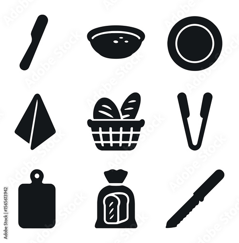 Bread Serving Icons. Solid, filled icons set of bread serving accessories: butter spreader, olive oil dish,