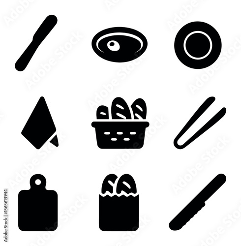 Bread Serving Icons. Solid, filled icons set of bread serving accessories: butter spreader, olive oil dish,