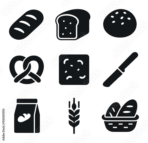 Artisanal Bakery Icons. Solid, filled icons set of artisanal bakery items: ciabatta loaf, rye bread, seeded