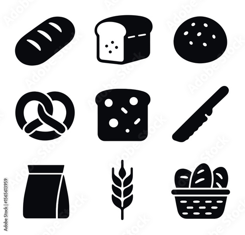 Artisanal Bakery Icons. Solid, filled icons set of artisanal bakery items: ciabatta loaf, rye bread, seeded