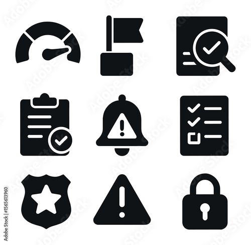 Customs Risk Icons Grid. Solid, filled icons set of customs risk assessment: risk level gauge, flagged