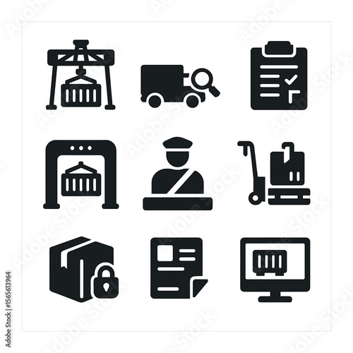 Cross-Border Cargo Icons. Solid, filled icons set of cross-border cargo checks: container crane, truck