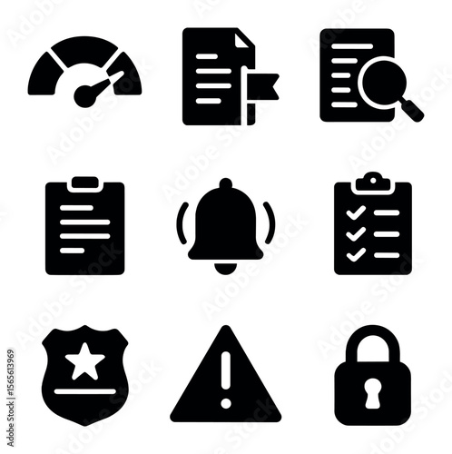 Customs Risk Icons Grid. Solid, filled icons set of customs risk assessment: risk level gauge, flagged