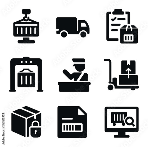 Cross-Border Cargo Icons. Solid, filled icons set of cross-border cargo checks: container crane, truck