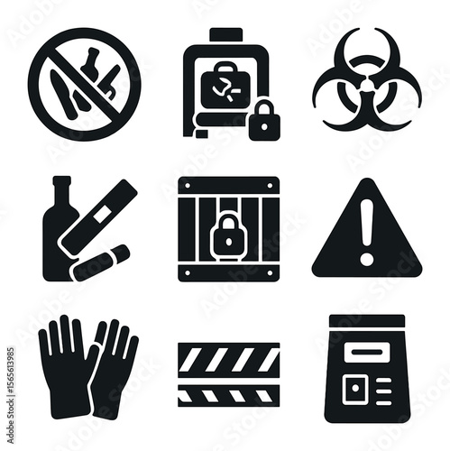 Restricted Goods Icons. Solid, filled icons set of restricted goods detection: prohibited items sign, x-ray