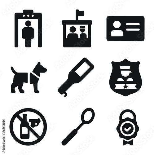 Border Security Icons. Solid, filled icons set of border security controls: metal detector, checkpoint gate,