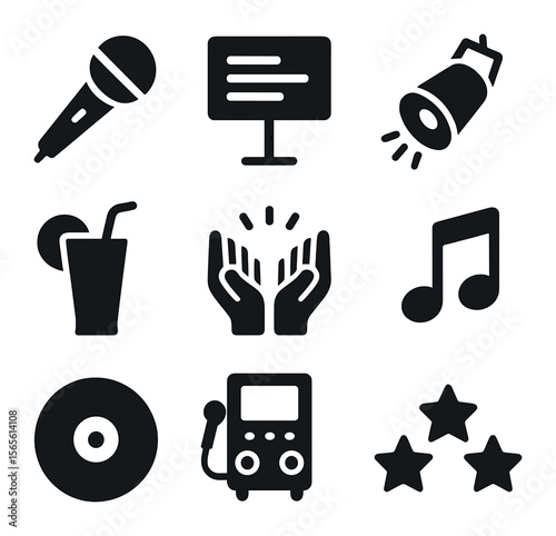 Karaoke Night Icons. Solid, filled icons set of karaoke night fun: microphone, lyrics screen, spotlight, drink