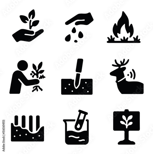 Habitat Restoration Icons. Solid, filled icons set of habitat restoration activities: sapling planting, seed