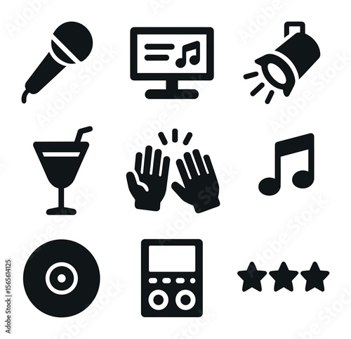 Karaoke Night Icons. Solid, filled icons set of karaoke night fun: microphone, lyrics screen, spotlight, drink