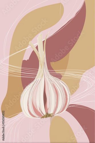 Single garlic bulb illustrated with geometric curves and soft color blocking in vintage pink and tan