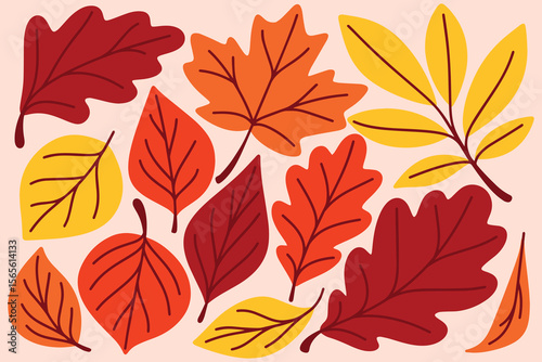 Colorful fall leaves in red, yellow and orange tones arranged on beige background for seasonal illustrations and design templates