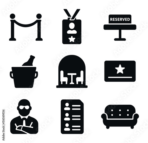 VIP Club Icon Set. Solid, filled icons set of VIP club experiences: velvet rope, VIP badge, reserved table,
