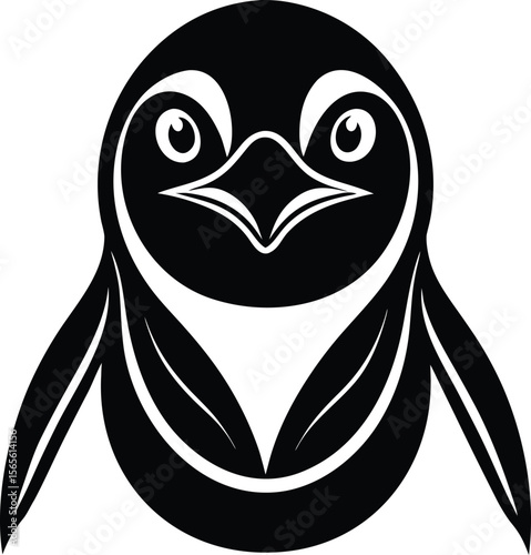 Stylized black and white graphic illustration of a cute penguin face with large eyes and flippers silhouette