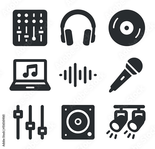 DJ Equipment Icons. Solid, filled icons set of club DJ equipment: mixer console, headphones, vinyl record,