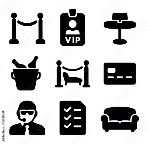VIP Club Icon Set. Solid, filled icons set of VIP club experiences: velvet rope, VIP badge, reserved table,